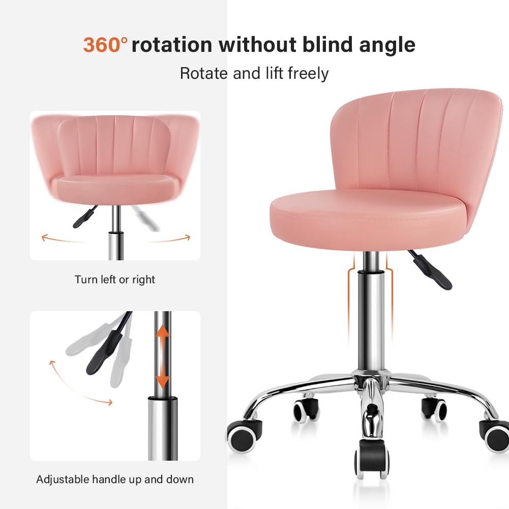 KKTONER Rolling Stool with Backrest Height Adjustable Office Chair PU Leather Swivel Vanity Chair with Wheels (Pink)