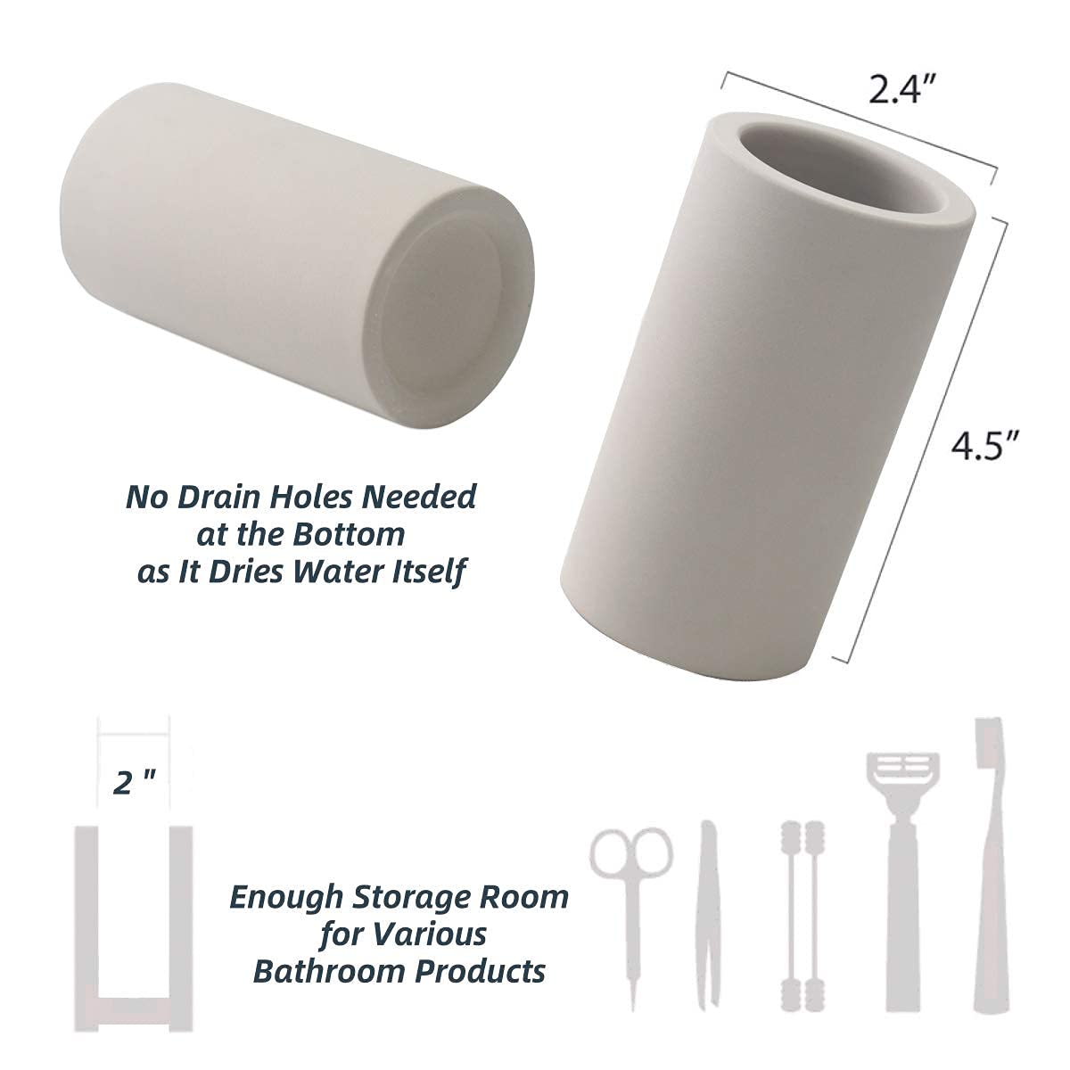 HouseSister Fast-Drying Diatomite Toothbrush Holder - Bathroom Countertop Organizer Stand for Toothpaste, Makeup Brushes, Razors & Accessories (Light Grey)