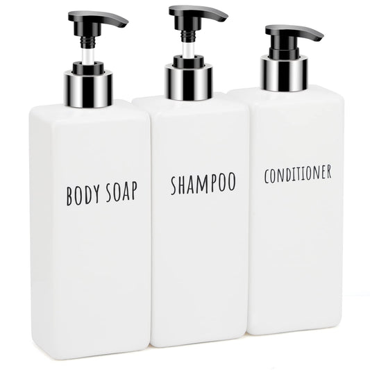 Segbeauty Square Soap Dispenser Refillable, 3pcs 16.9oz Plastic Pump Bottles, 500ml Empty Reusable Modern Bathroom Kitchen Liquid Container Set for Dispensing Shampoo Conditioner Body Soap White