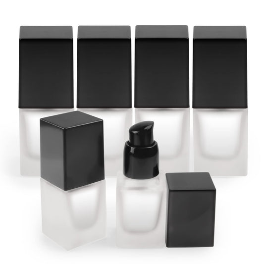 BOSMIOW 6 Pack 15ml Thick Frosted Glass Pump Bottles with Black Pump Head, Empty Square Cosmetic Containers for Foundation, Lotion, Serum, Essential Oil