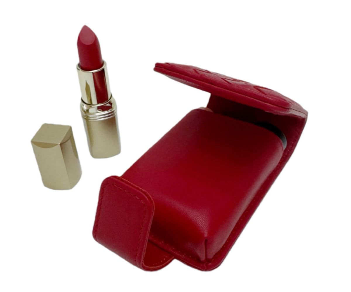 AgentMoon Luxury Handheld Lipstick Pouch with Mirror,Genuine Leather Lip Balm Case with Clamshell Magnetic Hidden Clasp and Hook for Chain.Portable Travel Cosmetic Case for Women Gift. (Red Woven)