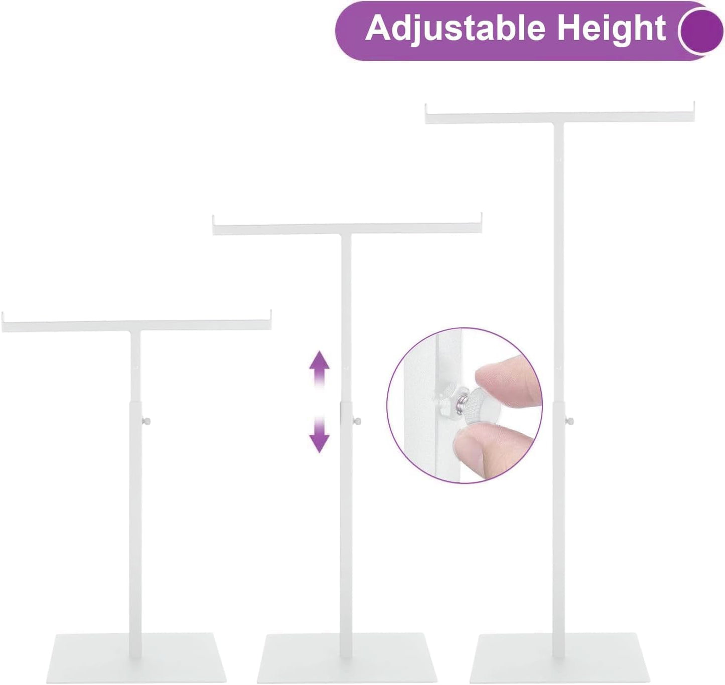 Vietrey Purse Display Stand T Shaped, Countertop Jewelry/Scarf/Handbag T-Bar Display Stand, Tabletop Double Hook Hanging Stands for Long Necklaces, Metal with Adjustable Height (White, 2Pcs)