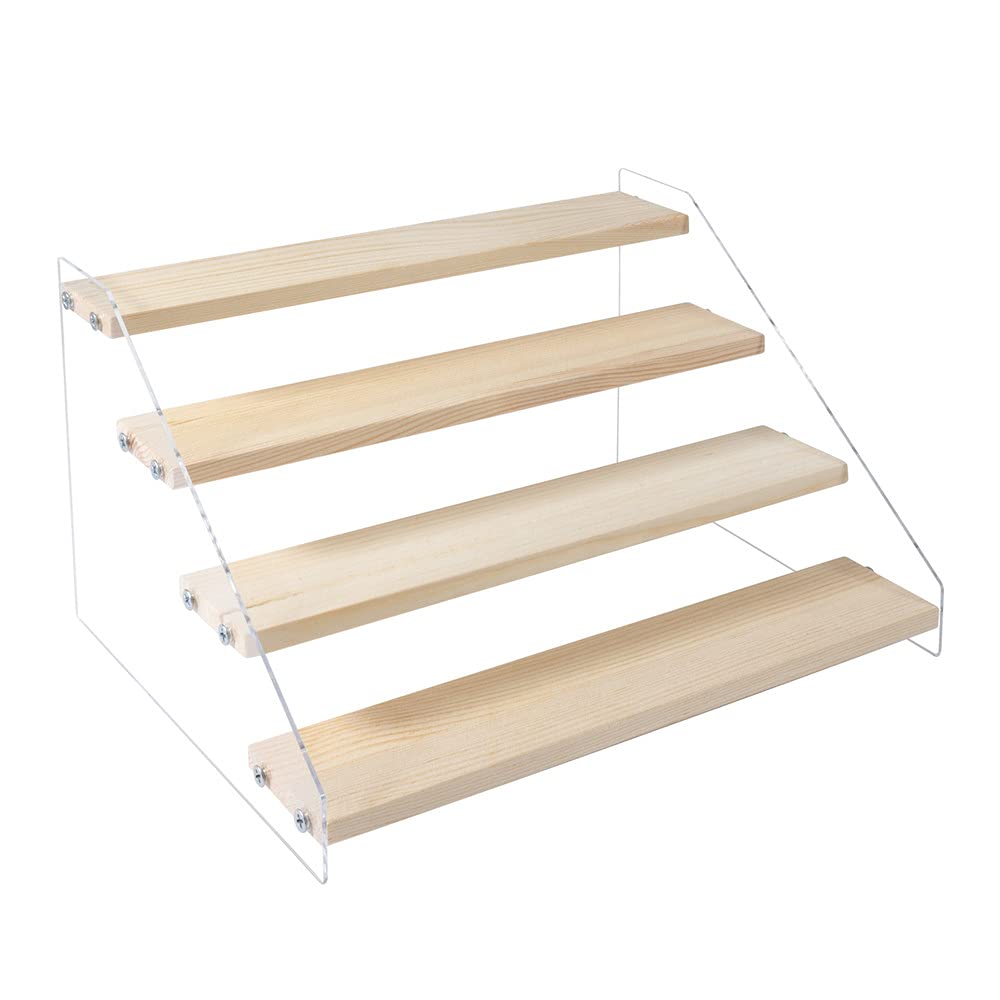 PACKGILO 4 Tier Acrylic Display Stand for Figures Wooden Risers for Display Case Craft Fair Acrylic Cupcake Stand for Dessert Table Top Jewelry Displays for Craft Shows Cologne Perfume Shelf (SMALL)