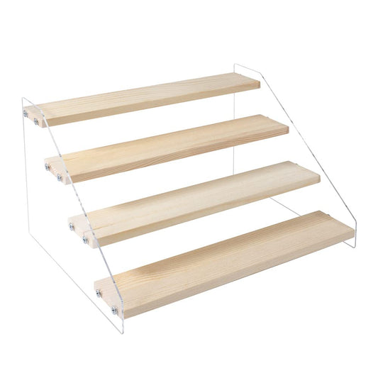 PACKGILO 4 Tier Acrylic Display Stand for Figures Wooden Risers for Display Case Craft Fair Acrylic Cupcake Stand for Dessert Table Top Jewelry Displays for Craft Shows Cologne Perfume Shelf (SMALL)