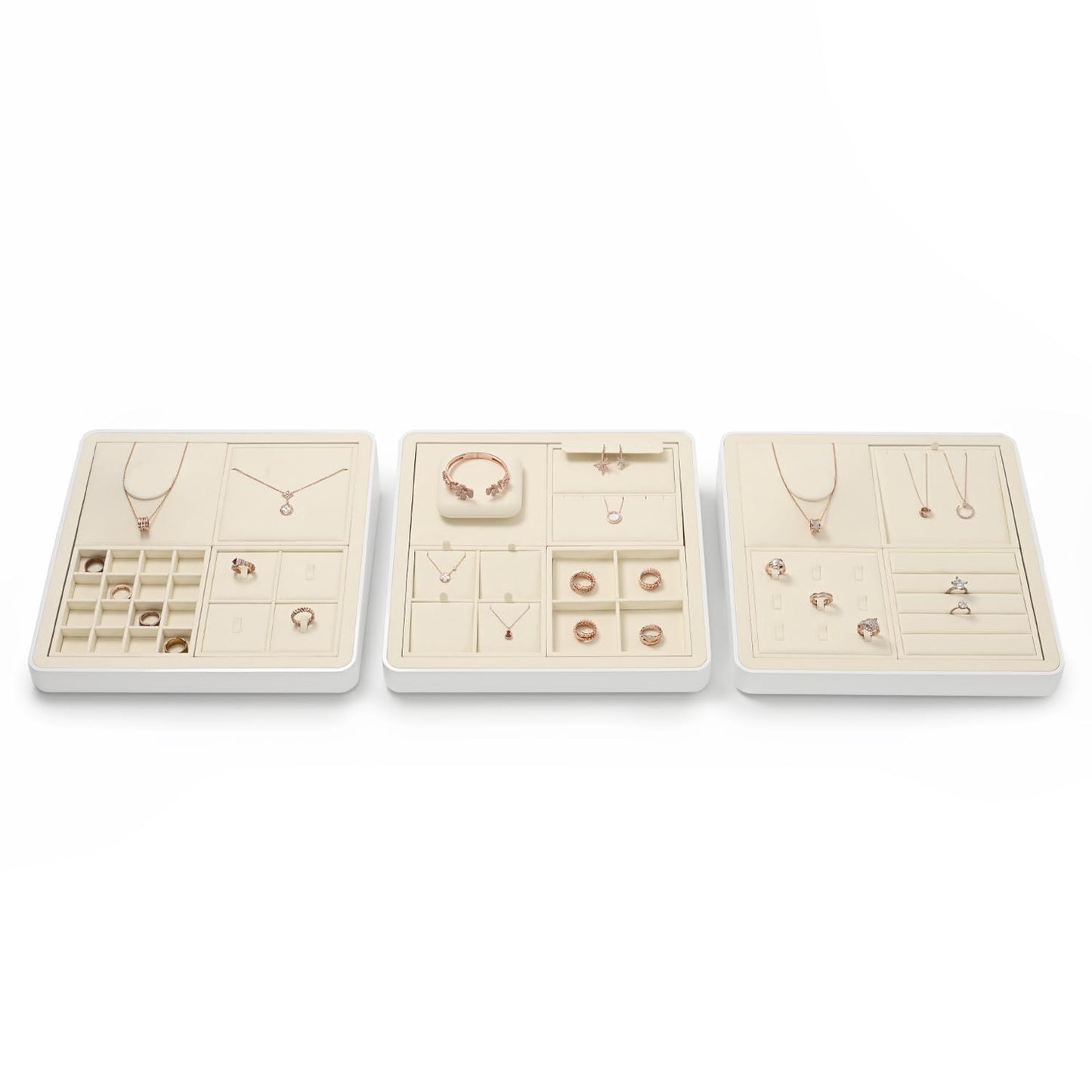 Oirlv Microfiber Stackable 16 Girds Jewelry Trays Jewelry Storage Tray Showcase Display Organizer(Beige)