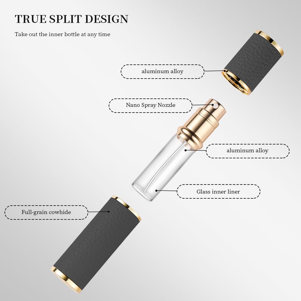 DIOHIO Atomizer Perfume Spray Bottle Refillable - 5ml Glass Inner Bottle with Premium Leather Case, Portable Travel Sprayer for Fragrance Lovers (Black-Grey)