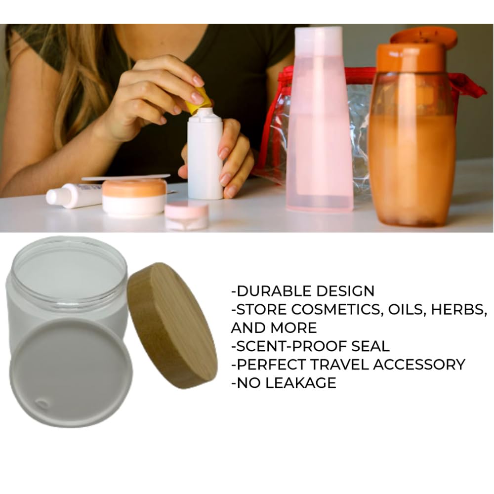 BEECO GIF2U Empty Bamboo Lid Jar 16oz/500g,Refilable Plastic Round Cosmetic Containers for Powder,Body Butter,Cream,Lotion,Wide Mouth Makeup Sample Storage Pot Dispenser(Frost)