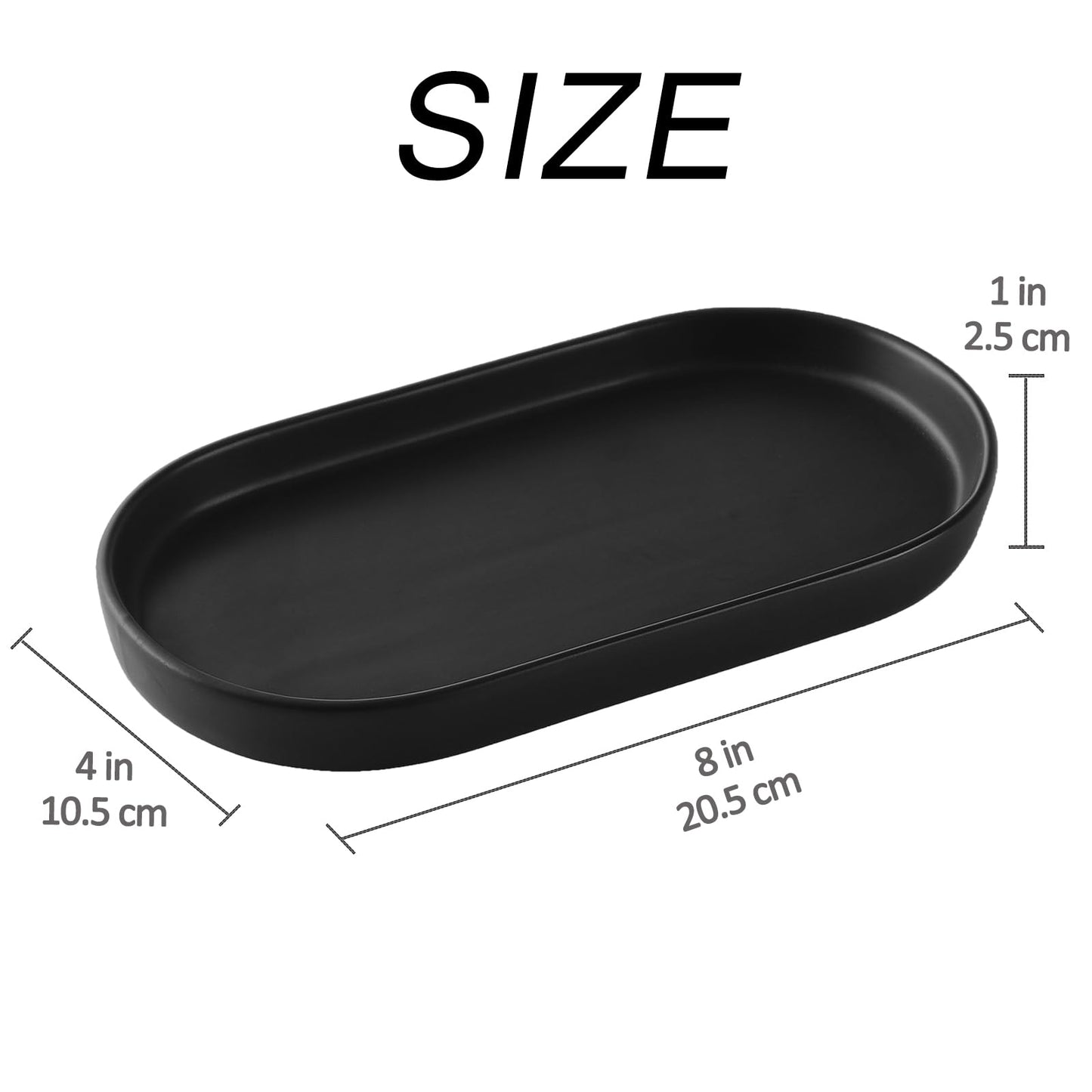 Eyrozia Matte Black Round Soap Dispenser Tray - 8'' Ceramic Vanity Tray for Bathroom Decorative, Jewelry Ring Dish, Comestic Holder, Kitchen Sink Countertop Organizer Plate
