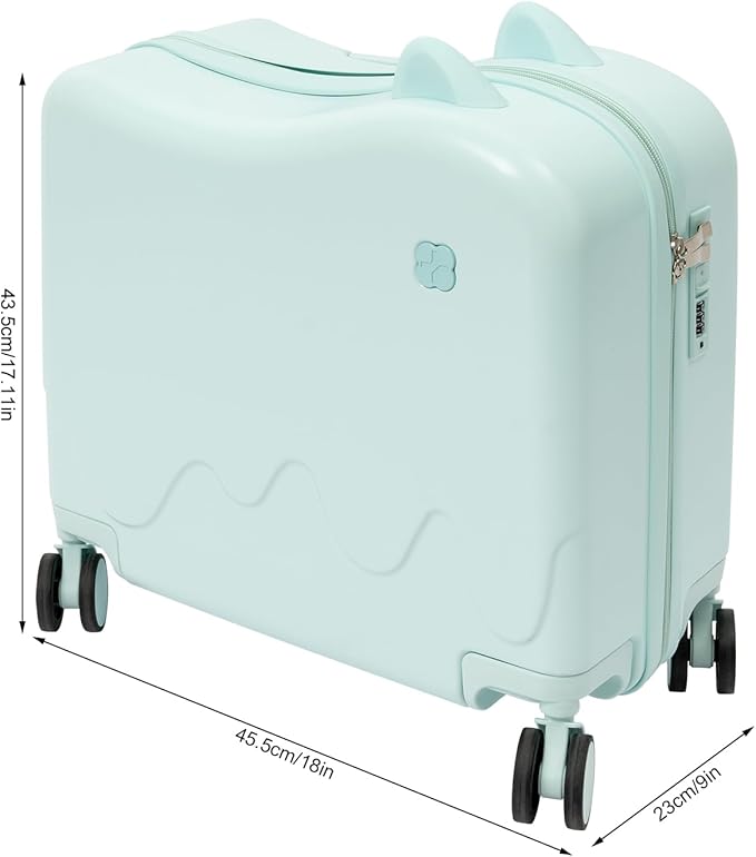 18-Inch Kids Ride-On Suitcase - Cute Lightweight Trolley Luggage with 4 Silent Spinner Wheels & Lock for Travel - Perfect for Ages 3-6 (Mint Green)
