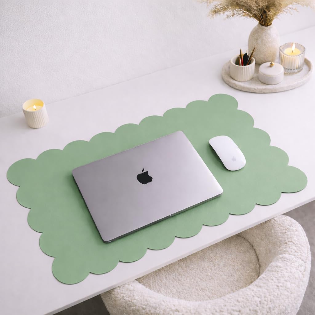 Orelle Scalloped Desk Mat | Vegan Leather Desk Mat for Keyboard and Mouse, Laptop, Makeup Vanity | Computer Desk Pad Mat | Office Desk Cover Mat | Desk Blotter Mat | 30 x 15” | Green