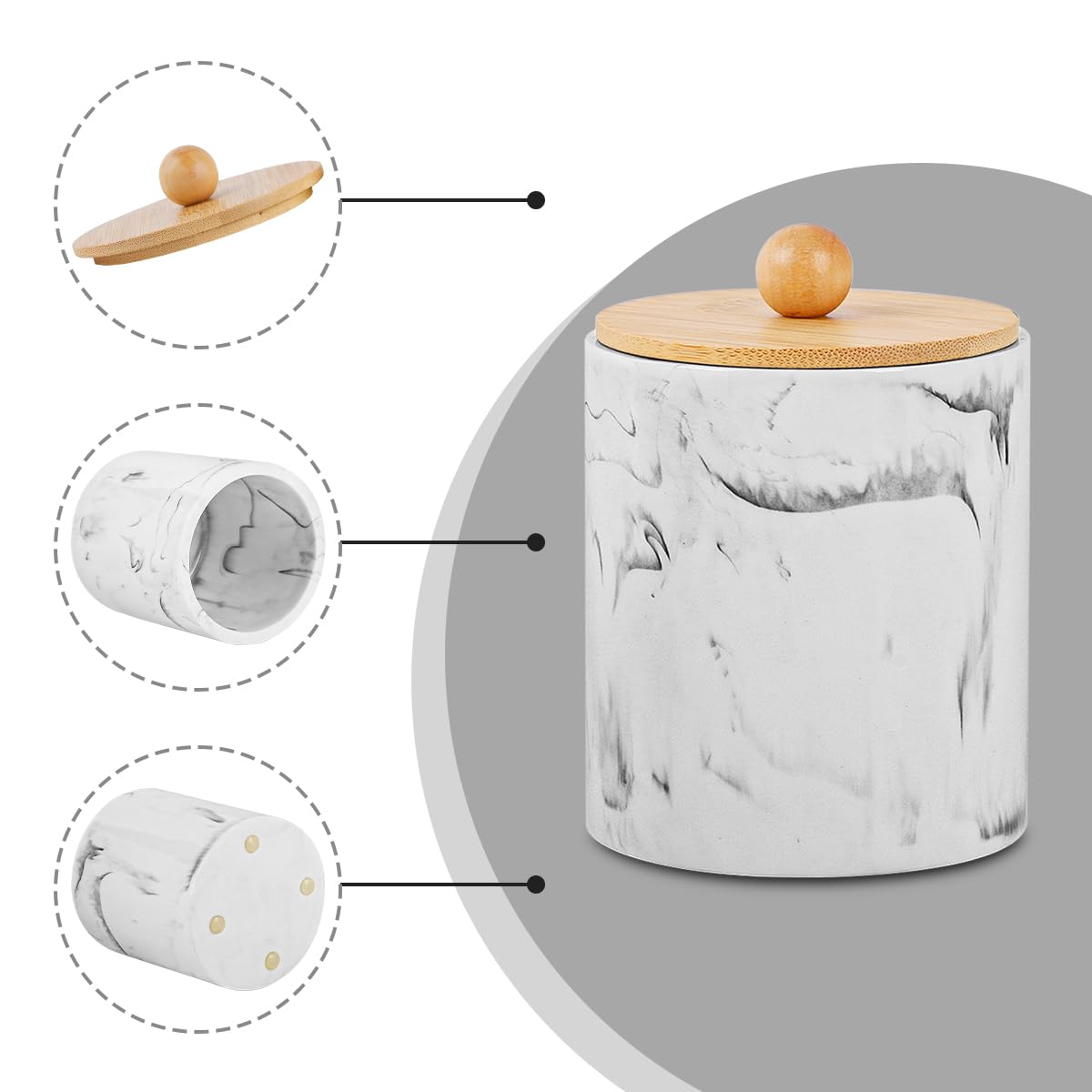 Tonxus Bathroom Qtips Jars with Lid,Vanity Cotton Swab Holder,Resin Apothecary Dispenser Container,Marble Makeup Sponges Canister,Bath Salts Storage Organizer Box (Marble White with Bamboo Lid of 2)