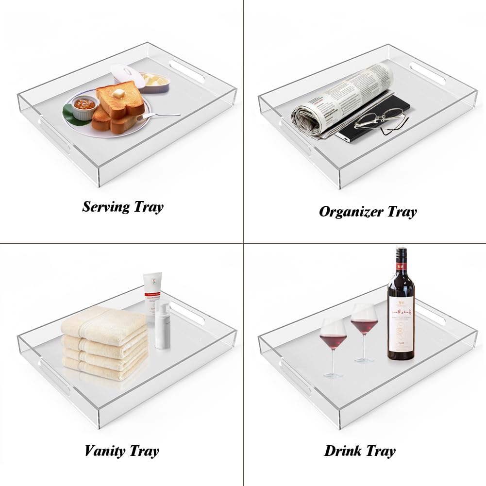Allhercom 12"x16" Acrylic Serving Tray with Handles, Spill Proof Clear Decorative Tray, Lucite Tray for Coffee Table, Vanity, Makeup Organizer