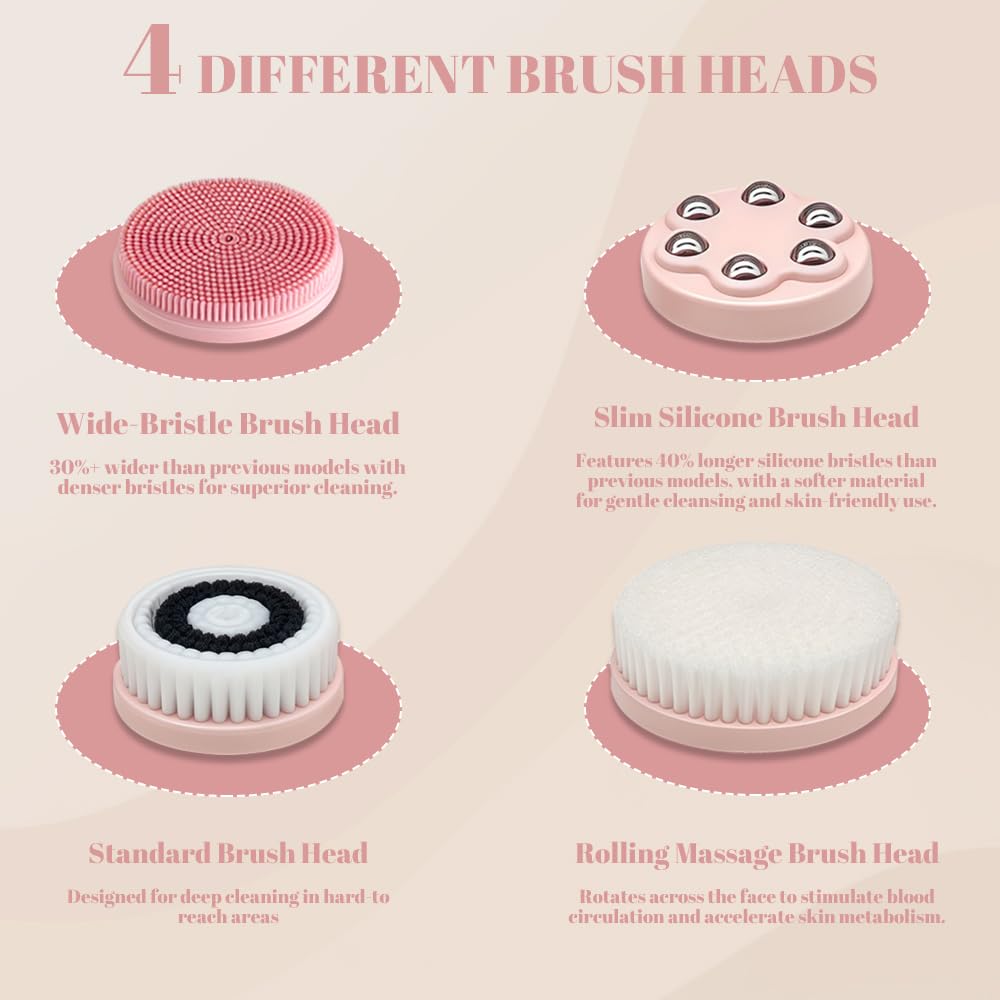 Dexmary Facial Cleansing Brush, 5 Speeds Adjustable Facial Brush, Waterproof & Rechargeable Face Scrubber Exfoliator with 4 Brush Heads for Women, Pink