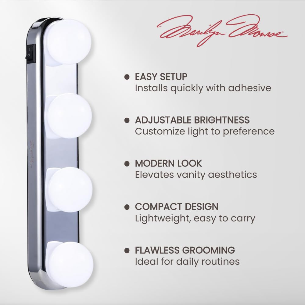 Marilyn Monroe - LED Vanity Mirror Light, Hollywood Style Bulbs, Adjustable Color & Brightness, USB Stick-On Lights for Makeup & Dressing Table (White)