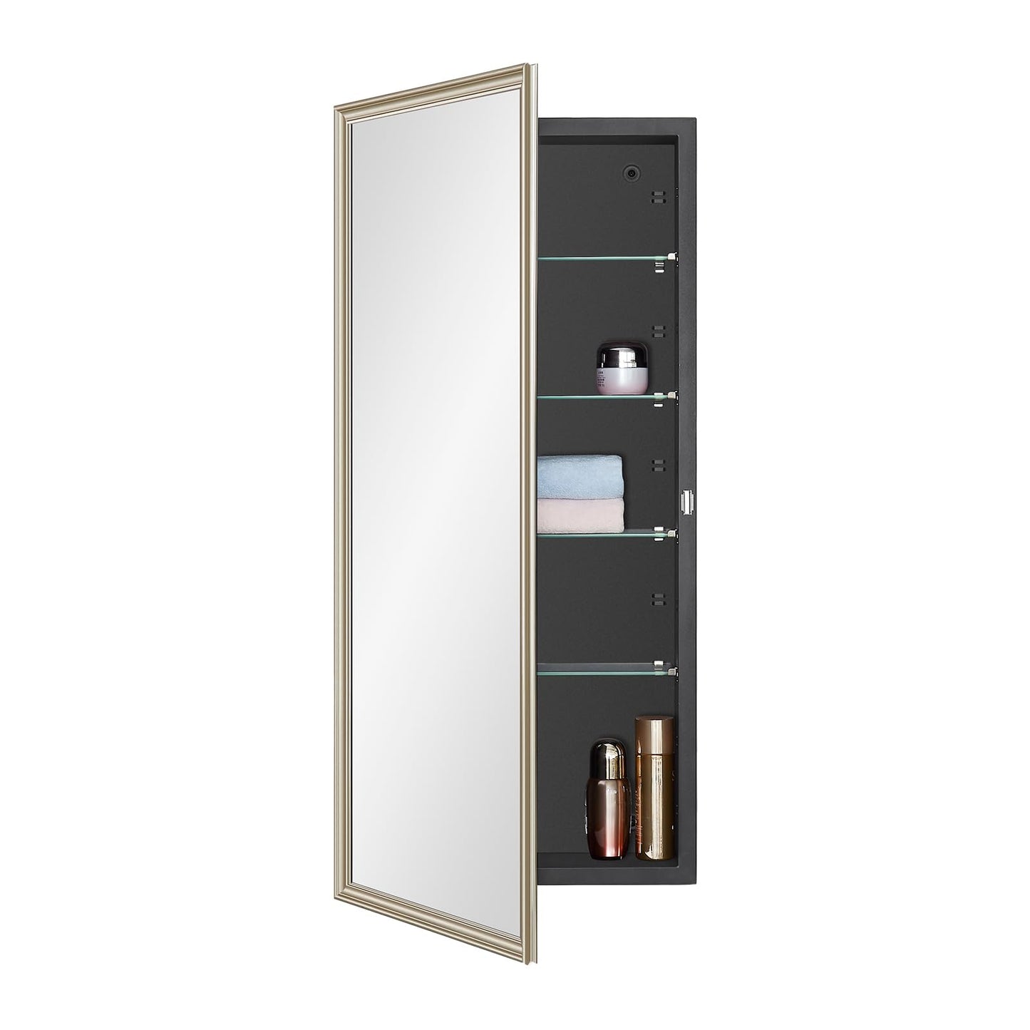 IDYLLOR Black Medicine Cabinet with 16x36 Inch Gold Frame Mirrored Door, Wall Mounted Storage, Recessed or Surface Mount, 4 Adjustable Glass Shelves, Vanity Organizer for Bathroom, Bedroom, Hallway