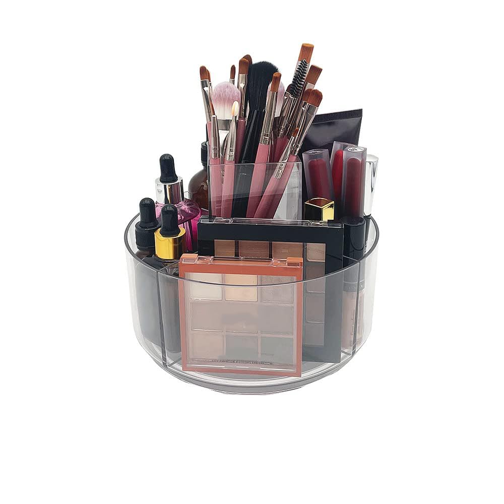 LINFIDITE 360 Rotating Makeup Organizer Clear Cosmetic Storage Holder Tray with 6 Compartment Makeup Brush Lip Gloss Organizer Case for Bathroom Cabinet Vanity Desktop