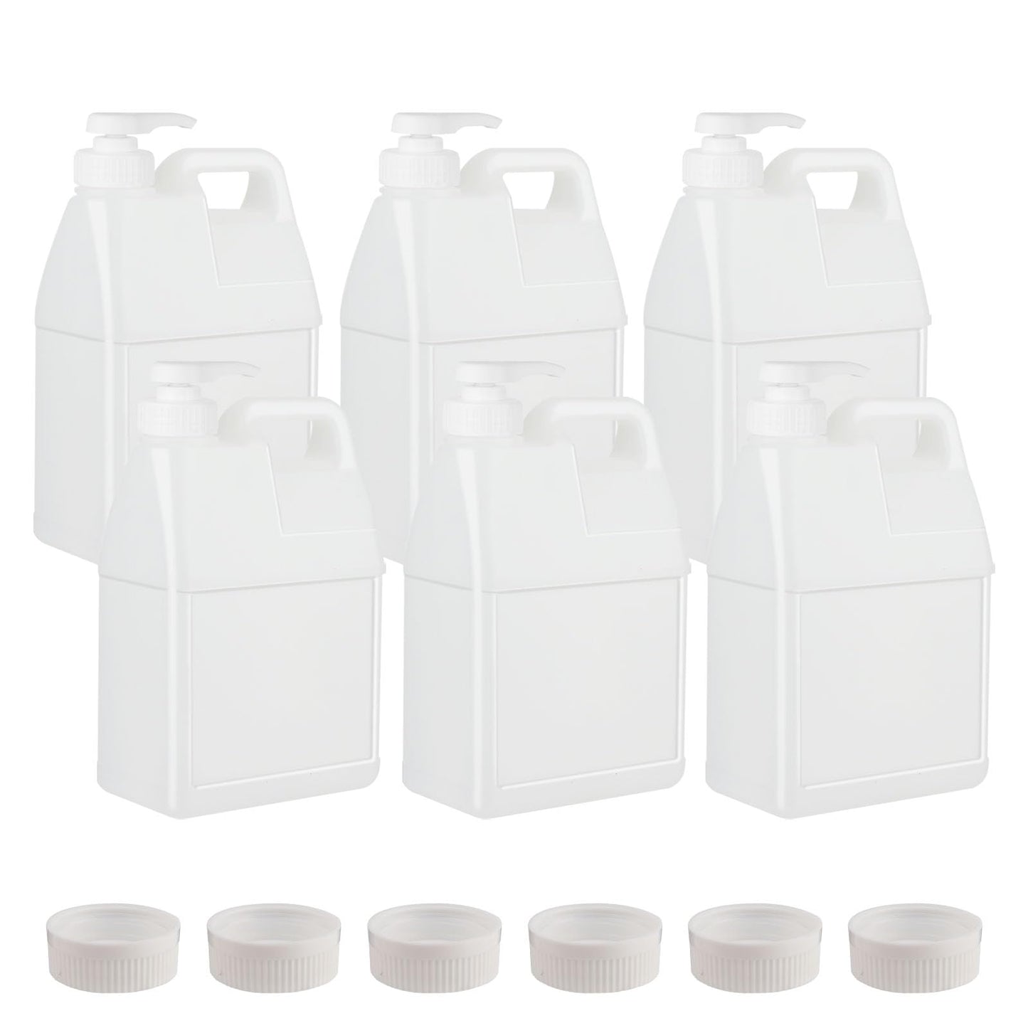 BPFY 6 Pack 64 oz Clear Plastic Jugs with Pumps, Camping Water Jug Storage Containers with Ergonomic Handle, HDPE Containers Soaps (0.5 Gallon With Pump)