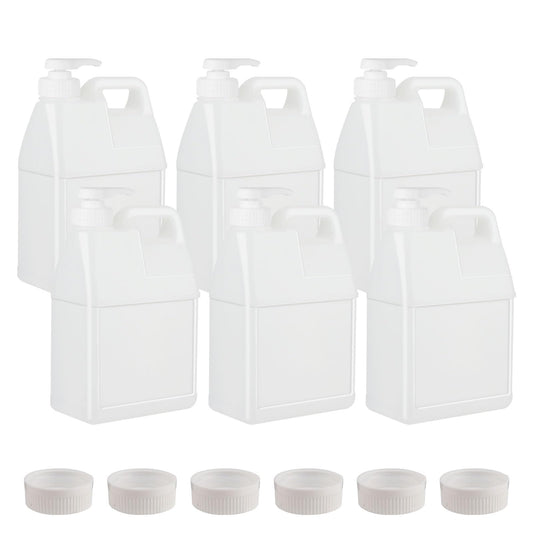 BPFY 6 Pack 64 oz Clear Plastic Jugs with Pumps, Camping Water Jug Storage Containers with Ergonomic Handle, HDPE Containers Soaps (0.5 Gallon With Pump)