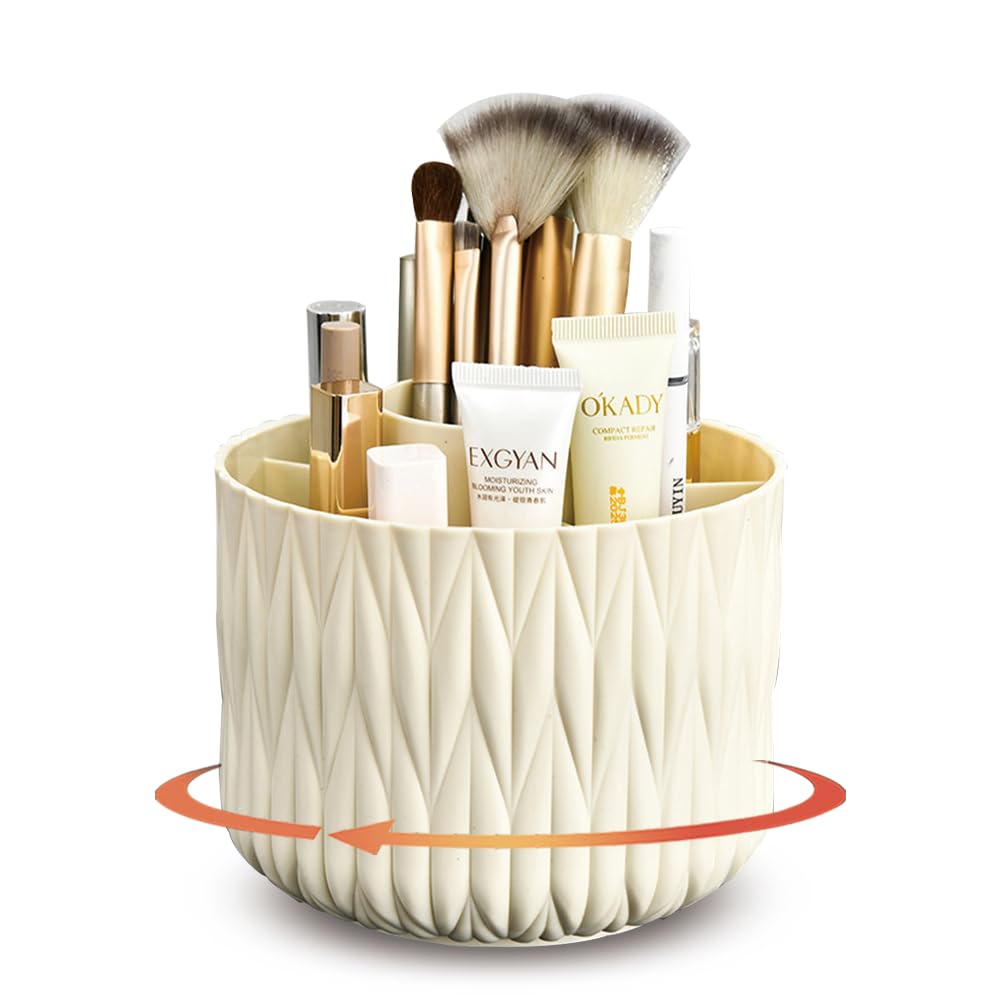 Yoohailor Rotating Makeup Brush Holder - Beige 5 Slot 360° Spinning Organizer for Vanity Desk, Cute Aesthetic Storage for Women, Multi-purpose Pen Pencil Caddy for Office Home Art Supplies