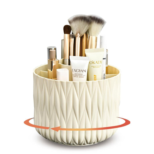 Yoohailor Rotating Makeup Brush Holder - Beige 5 Slot 360° Spinning Organizer for Vanity Desk, Cute Aesthetic Storage for Women, Multi-purpose Pen Pencil Caddy for Office Home Art Supplies