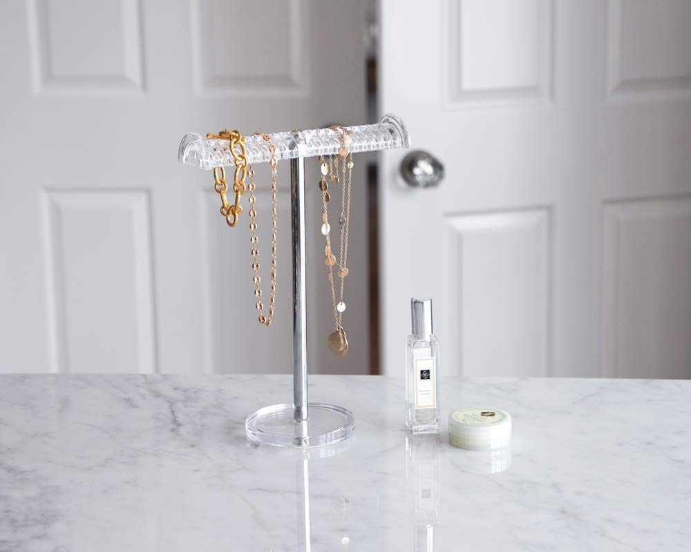Isaac Jacobs Clear Acrylic Necklace & Bracelet Holder (8” inch T-Bar)– Hanging Chain and Bangles Organizer Sleek & Sturdy Stand for Jewelry – Storage Solution- Bedroom- Bathroom – Countertop