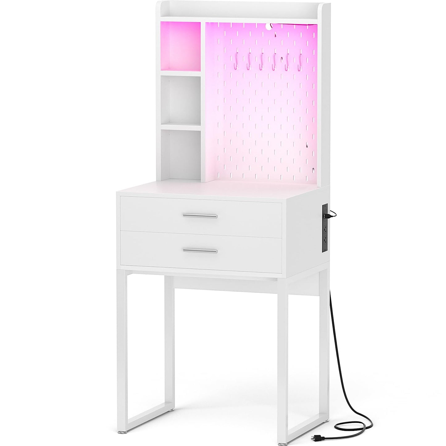 Besiost Small Vanity Desk with Hutch and Drawers, White Makeup Vanity Desk with Charging Station, Vanity Table Dressing Table with LED Lights, Vanity Desk No Mirror with Pegboard for Girls Women, 24"