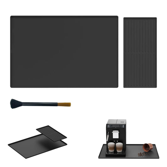 Silicone Coffee Mat, 24''x16'' Bar Mat with Detachable Dish Drying Mat,Non Slip Machine Pad,Fits Under Coffee Maker and Dish Rack,comes with a practical coffee mat cleaning brush(Black)