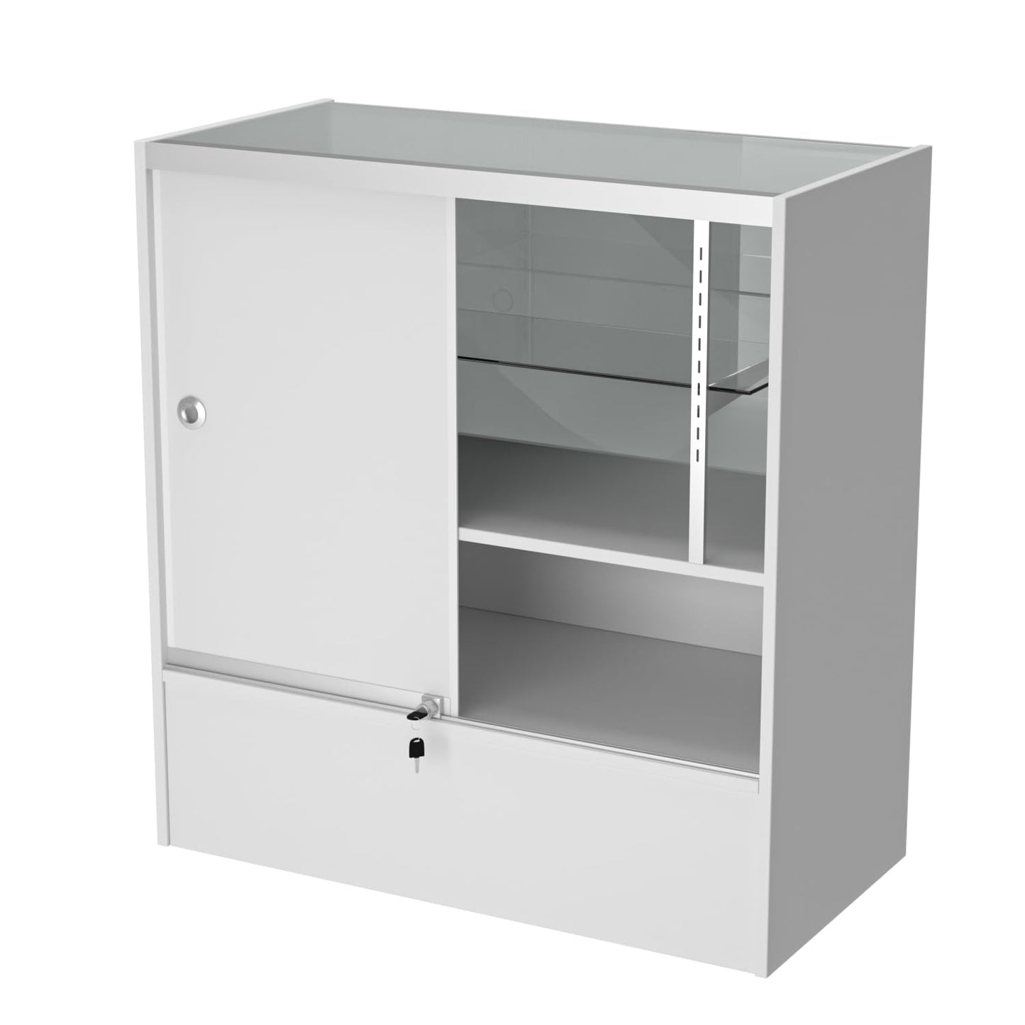 WISDOMFUR 3-Foot Retail Display Showcase Cabinet – 36” x 18” x 38” Half Vision Glass Top Case with Storage Base, White Counter Display for Jewelry, Collectibles & Electronics