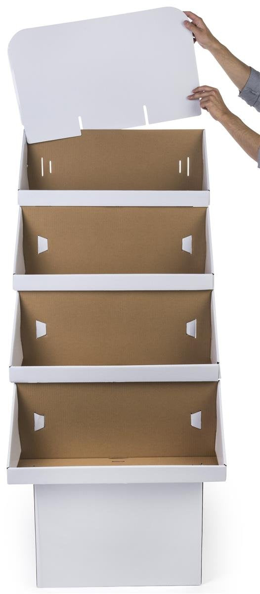Displays2go 4‑Tier Cardboard Dump Bin Display, Point of Purchase Floor Merchandising Stand with Removable Header, White Corrugated – Set of 2 (4TCBFDWT)