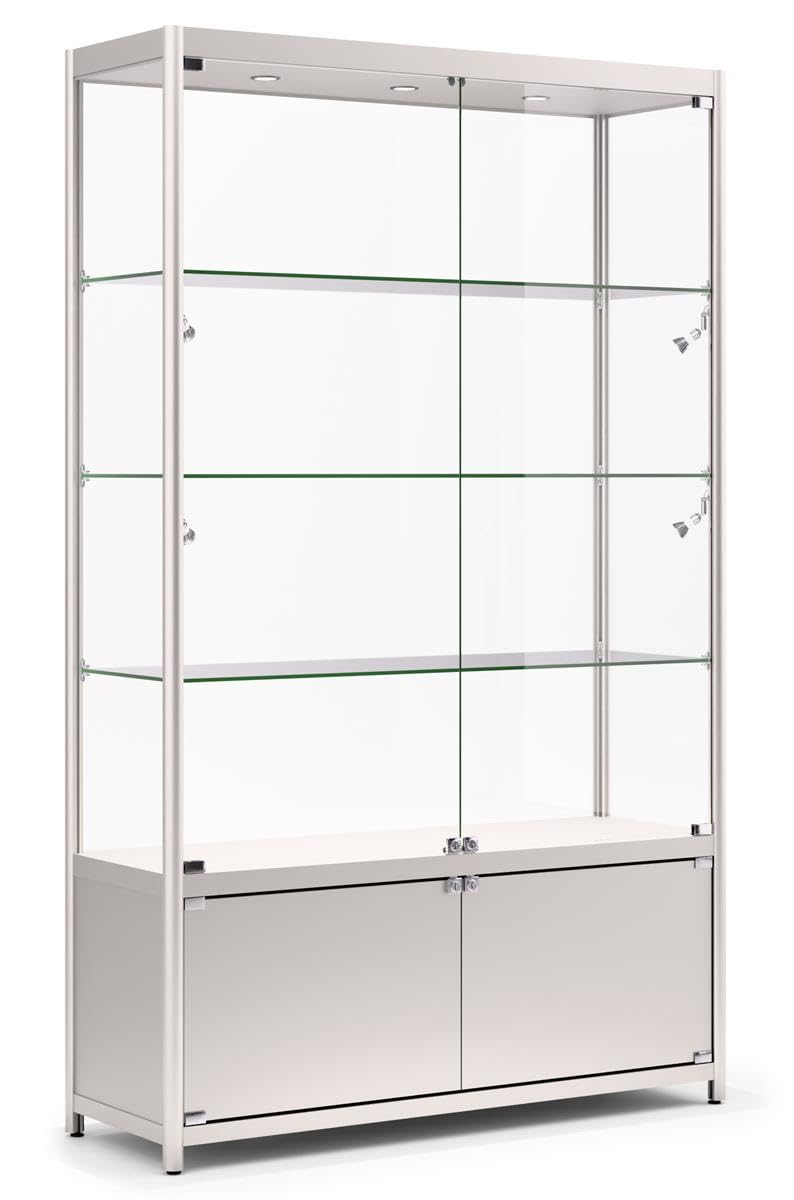 Displays2Go 48" Retail Glass Display Case with LED Lights, Lockable Showcase Cabinet with Storage & Aluminum Frame – Silver (LESC4816SB)