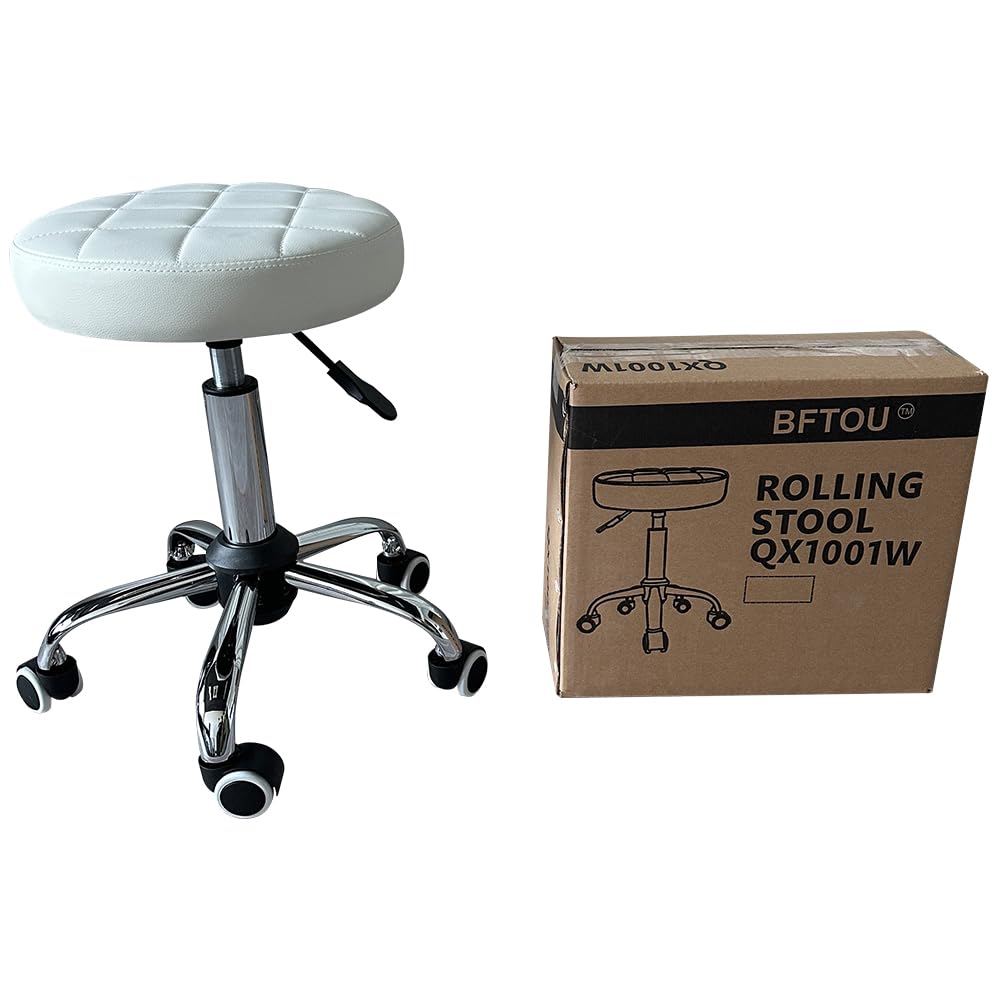 BFTOU White Classic Swivel Stool with Wheel for Salon Work Home SPA Shop Height-Adjustable Rolling Stool Chair Small