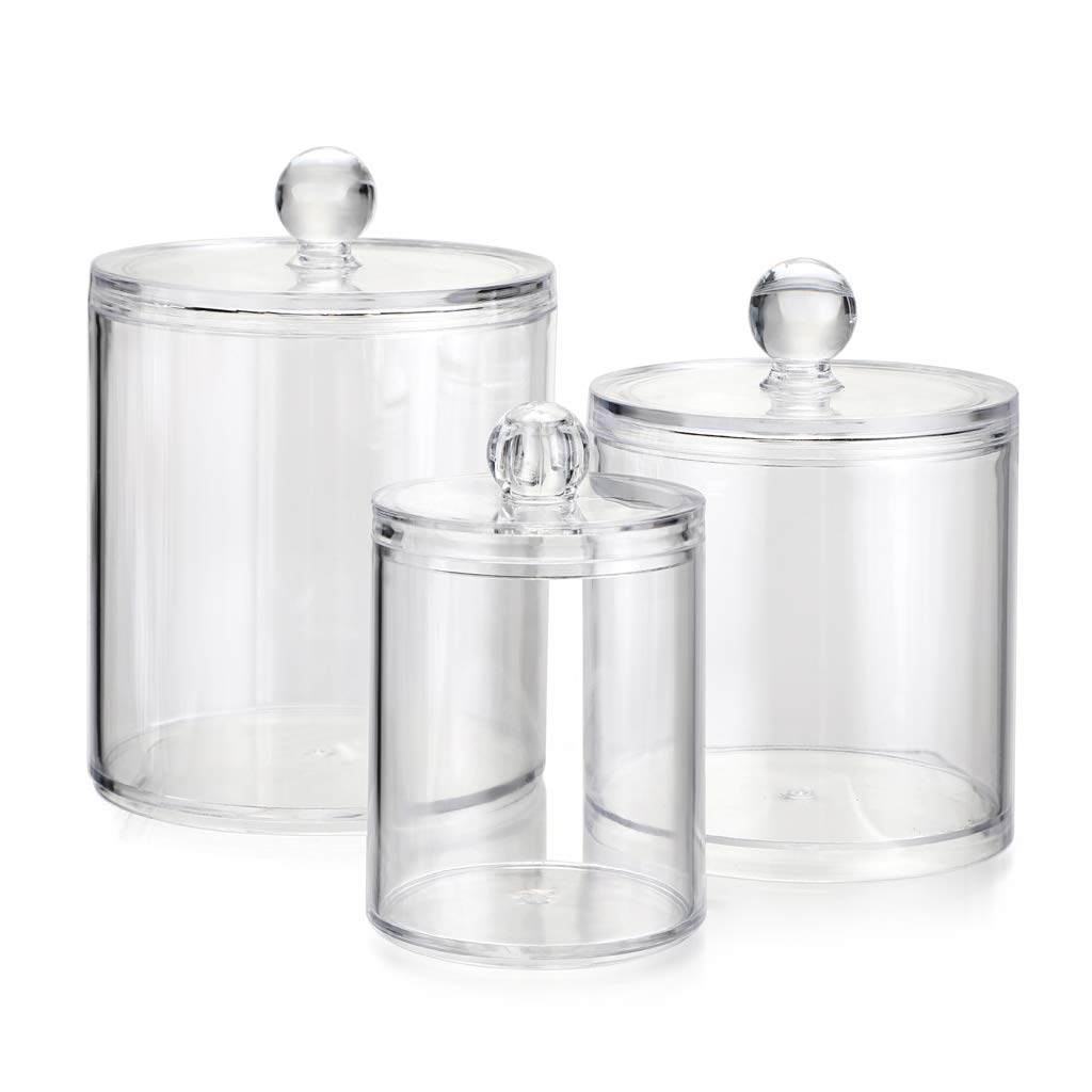 Hipiwe Set of 3 Cotton Ball and Swab Organizer With Lid - Apothecary Acrylic Jar Makeup Organizer, Q-Tips Holder, Bathroom Vanity Storage Canister for Rounds and Pads
