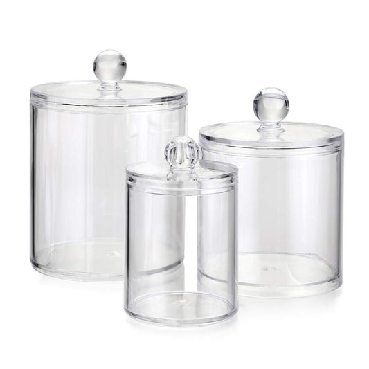 Hipiwe Set of 3 Cotton Ball and Swab Organizer With Lid - Apothecary Acrylic Jar Makeup Organizer, Q-Tips Holder, Bathroom Vanity Storage Canister for Rounds and Pads