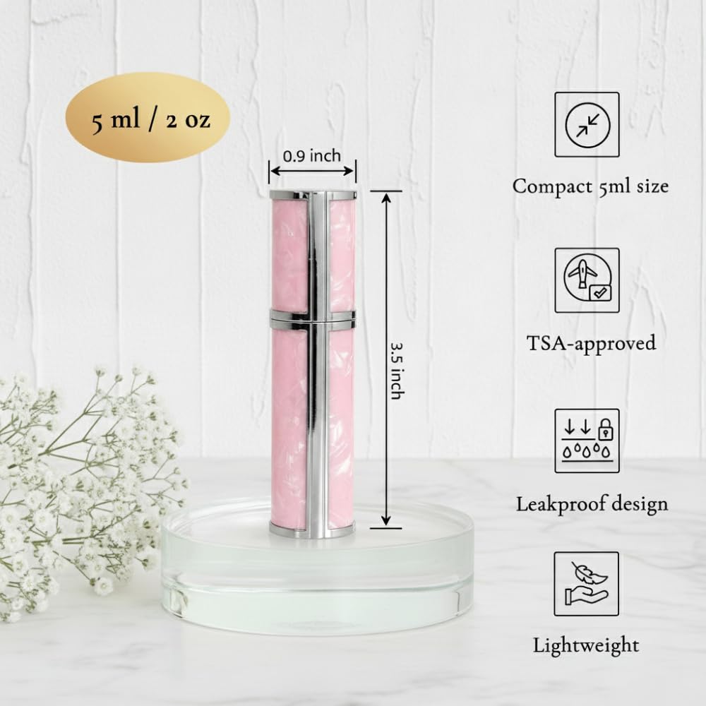 Ms Lovely Pearlescent Travel Perfume Atomizer Bottle – 5ml Refillable Mini Spray for Purse, TSA Approved Portable Fragrance Dispenser (Pink and Silver)