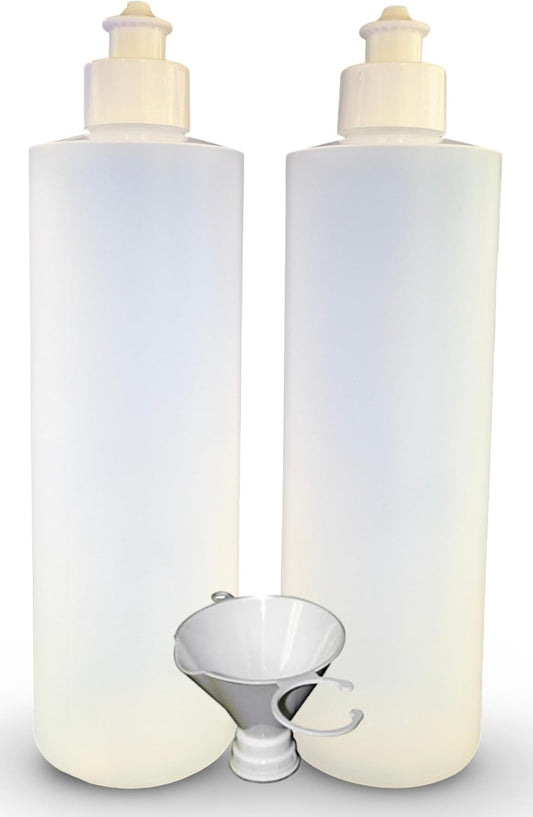 2 Pack Refillable 16 Ounce HDPE Squeeze Bottles With Push/Pull Button Top Dispenser Caps-Great For Lotions, Shampoos, Conditioners and Massage Oils-Includes our patented thread-on funnel