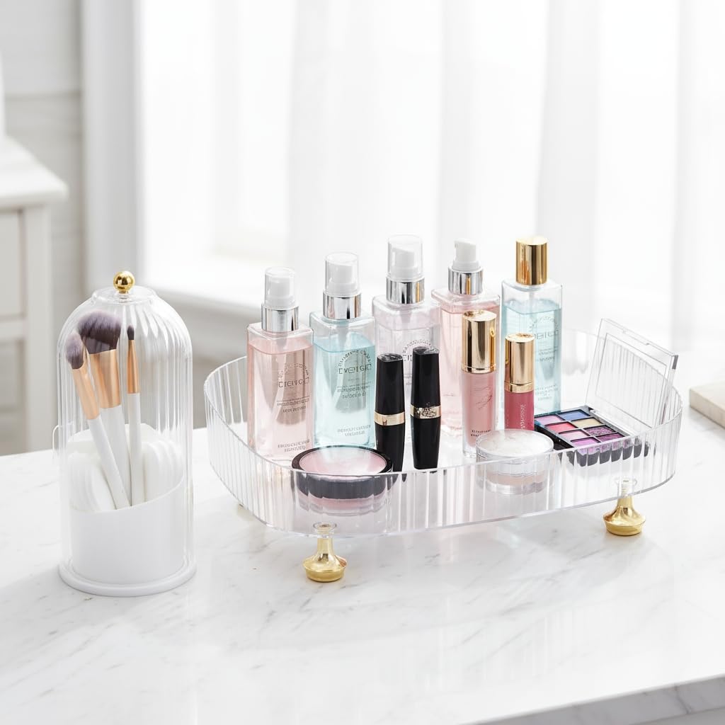 Makeup Organizer 2-Pack, Clear Makeup Brush Holder with Lid + Rotating Tray, Countertop Use, Cosmetic Storage, Make Up Organizers for Counter, Make Up Brush Holder Set for Bathroom Vanity & Dresser