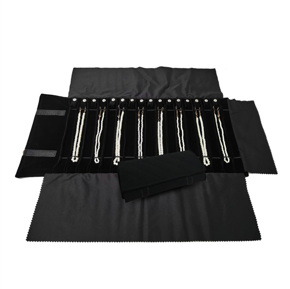 SCIKHEFT Portable Jewelry Roll Untangled Secure Necklace Travel Storage Bag Displays Holder 16 Chain (Black Diamond)