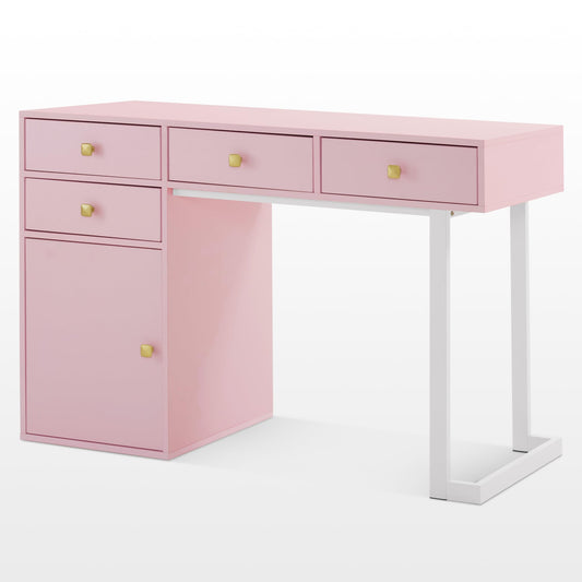 BarberPub Manicure Table with Storage Drawers, Nail Salon Desk for Nail Tech, Makeup Station with Round Handles, Beauty Equipment with Display Open Space 2990 (White&Pink)