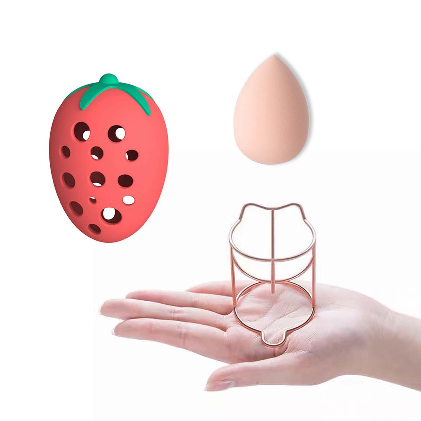 KoiKoiii,Makeup Sponge Holder Strawberry-shaped Stylish Cosmetic Sponge Storage Case Stainless Steel Makeup Tool Compact & Lightweight Travel-Friendly Cute & Portable Silicone (C「Red + Rose Gold」)