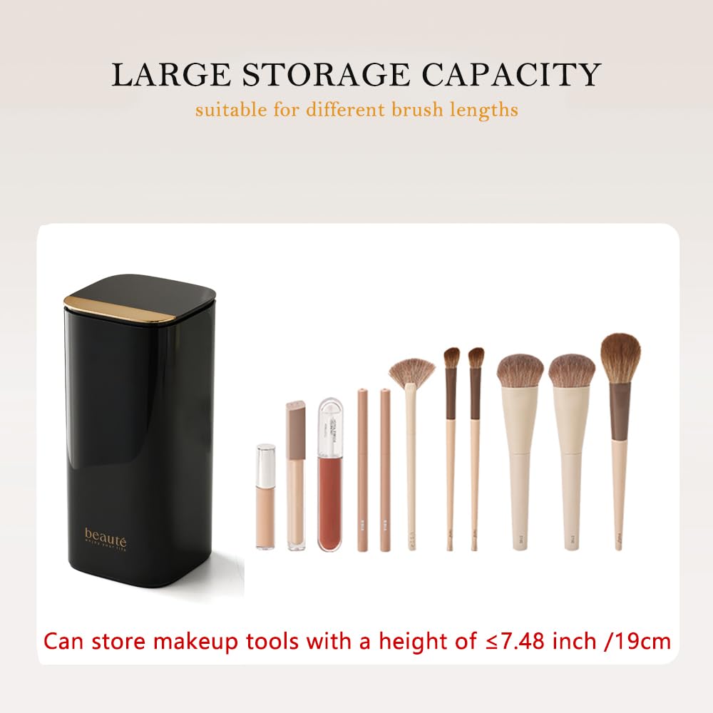 STORICANS Push Pop-Up Makeup Brush Holder with Lid,4 Slots Makeup Brush Organizer, Makeup Cosmetics Organizer for Vanity Decor, Bathroom Countertop, Large Dustproof Cosmetic Brushes Container, Black