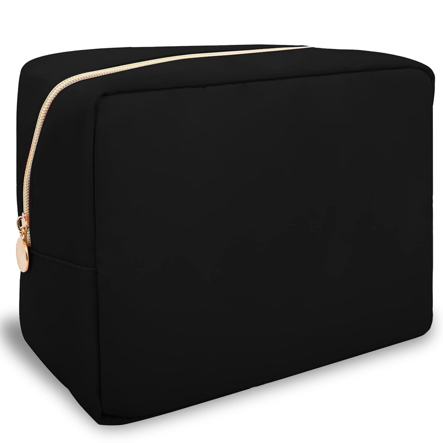 Nylon Large Makeup Bag Travel Pouch for Women, Preppy Big Black Makeup Bag Cute Cosmetic Zipper Pouch Purse, DIY Chenille Letter Bag Waterproof Toiletry Bag Clutch Make Up Organizer for Girls(Black)