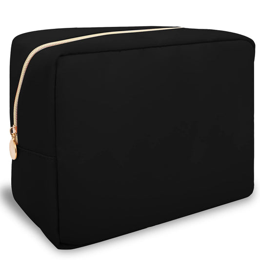 Nylon Large Makeup Bag Travel Pouch for Women, Preppy Big Black Makeup Bag Cute Cosmetic Zipper Pouch Purse, DIY Chenille Letter Bag Waterproof Toiletry Bag Clutch Make Up Organizer for Girls(Black)