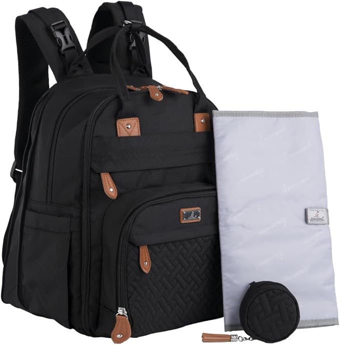 BabbleRoo Extra Large Diaper Bag Backpack, Expandable Baby Bag with Up to 50% More Capacity - Travel Essentials Baby Bag Tote with Changing Pad, Stroller Straps & Pacifier Case - Unisex, Black