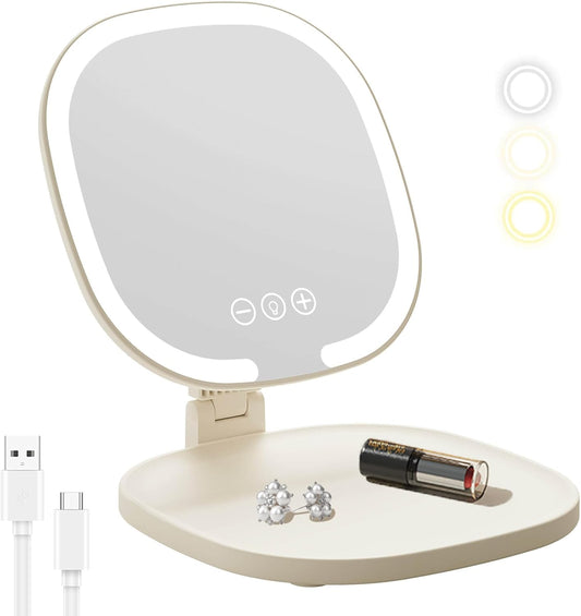 Lumicll Rechargeable LED Travel Makeup Mirror, 3-Color Lighting, Dimmable Touch Screen, Multi Angle Adjustable, Foldable and Portable Desktop Vanity Mirror with Storage Tray (Creamy)