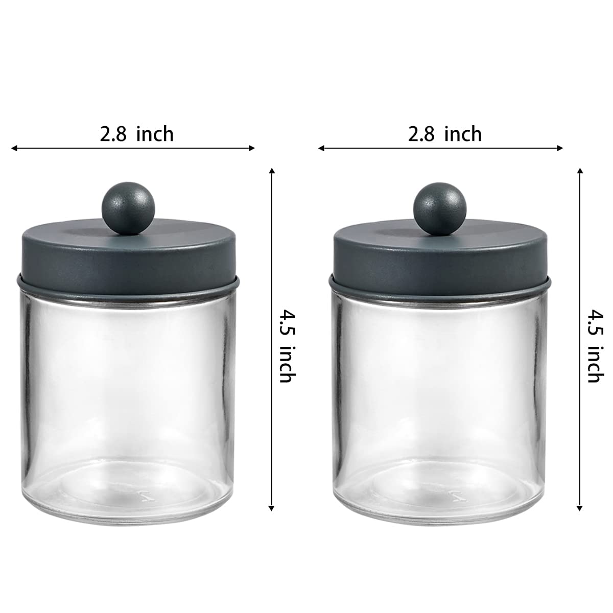Amolliar 4 Pack Apothecary Jars Bathroom Vanity Storage Organizer Set -Countertop Canister with Stainless Steel Lids &Cute Stickers - Qtip Dispenser Holder for Qtips,Cotton Swabs,Makeup Sponges (Grey)