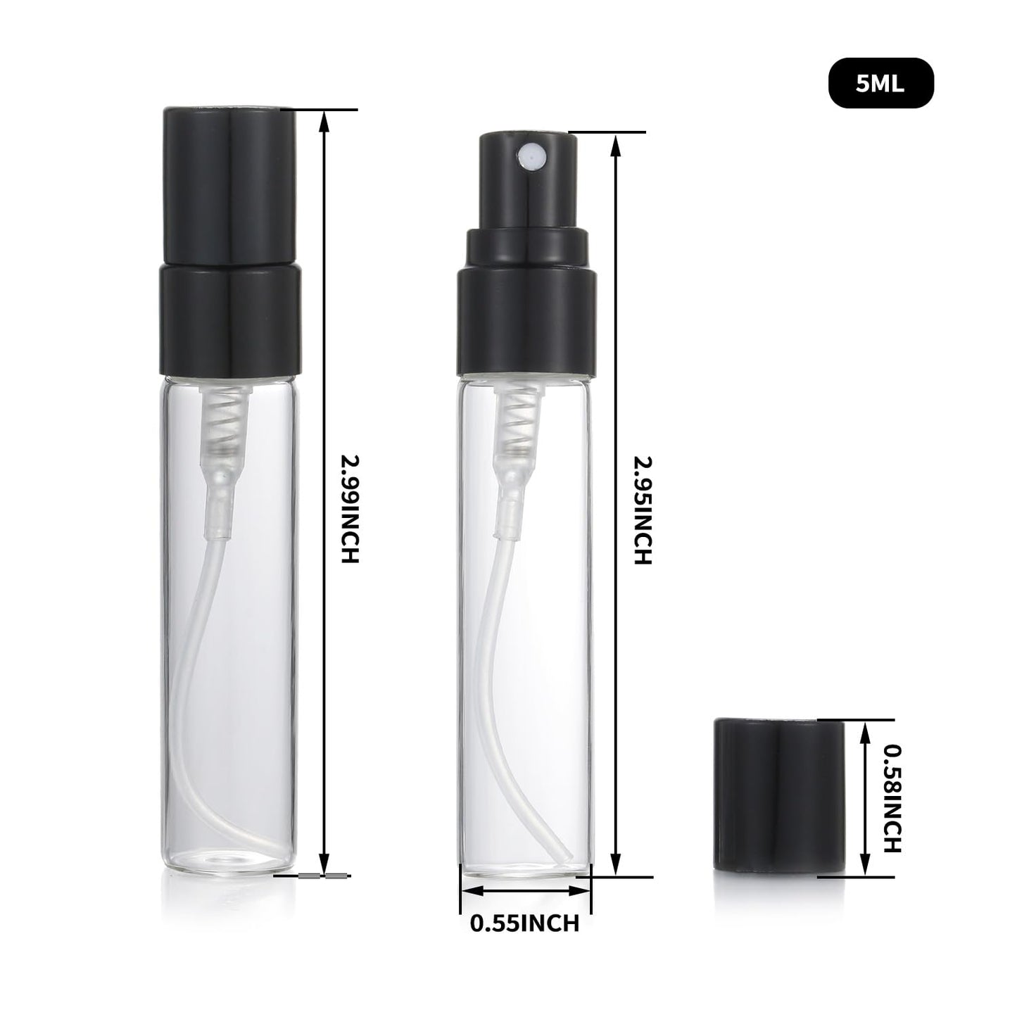 Jxcmeng 20Pcs 5ml Empty Clear Glass Mist Spray Bottle Refillable Mini Perfume Atomizer Travel Sample Bottle with Black Aluminized Nozzle Makeup Container for Perfume (5ml Black Caps)