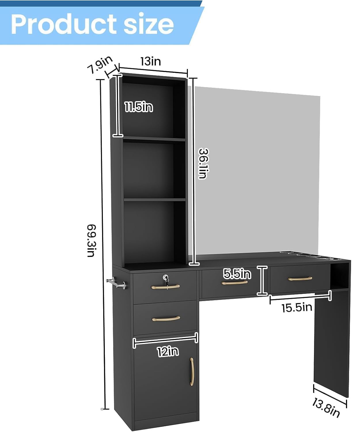 GOFEI Black Professional Salon Station with 4 Drawers & Blow Dryer Holder – Multi-Functional Barber Workstation & Vanity Cabinet for Hair Salons, Spas, and Beauty Studios (No Mirror)