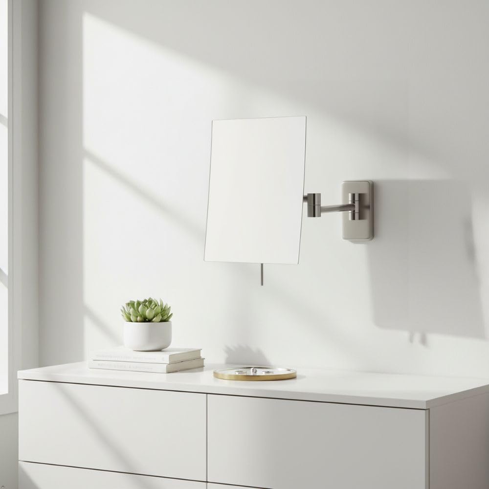 JERDON 8.75-Inch x 6.5-Inch Wall Mount Makeup Mirror - Personal Mirror with 5X Magnification & 14 inch Wall Extension - Nickel Wall Mount Arm - Model JRT695N