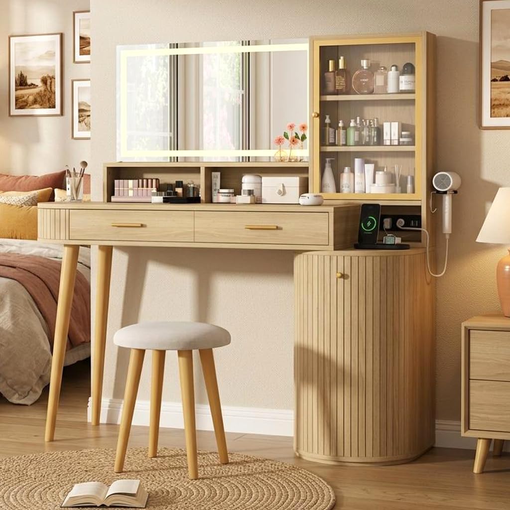 Garvee Vanity Desk with Light Mirror, 47.2 Inch Vanity Table with Stool and Charging Station, Modern Makeup Table with Drawer and Cabinet, Makeup Desk with Glass Door, Adjustable Shelf for Bedroom