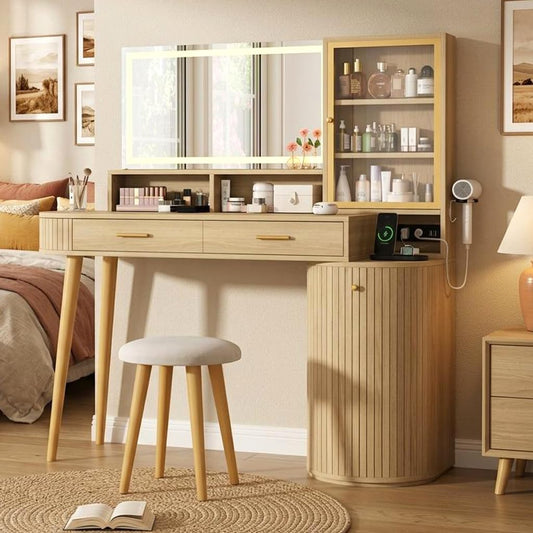Garvee Vanity Desk with Light Mirror, 47.2 Inch Vanity Table with Stool and Charging Station, Modern Makeup Table with Drawer and Cabinet, Makeup Desk with Glass Door, Adjustable Shelf for Bedroom